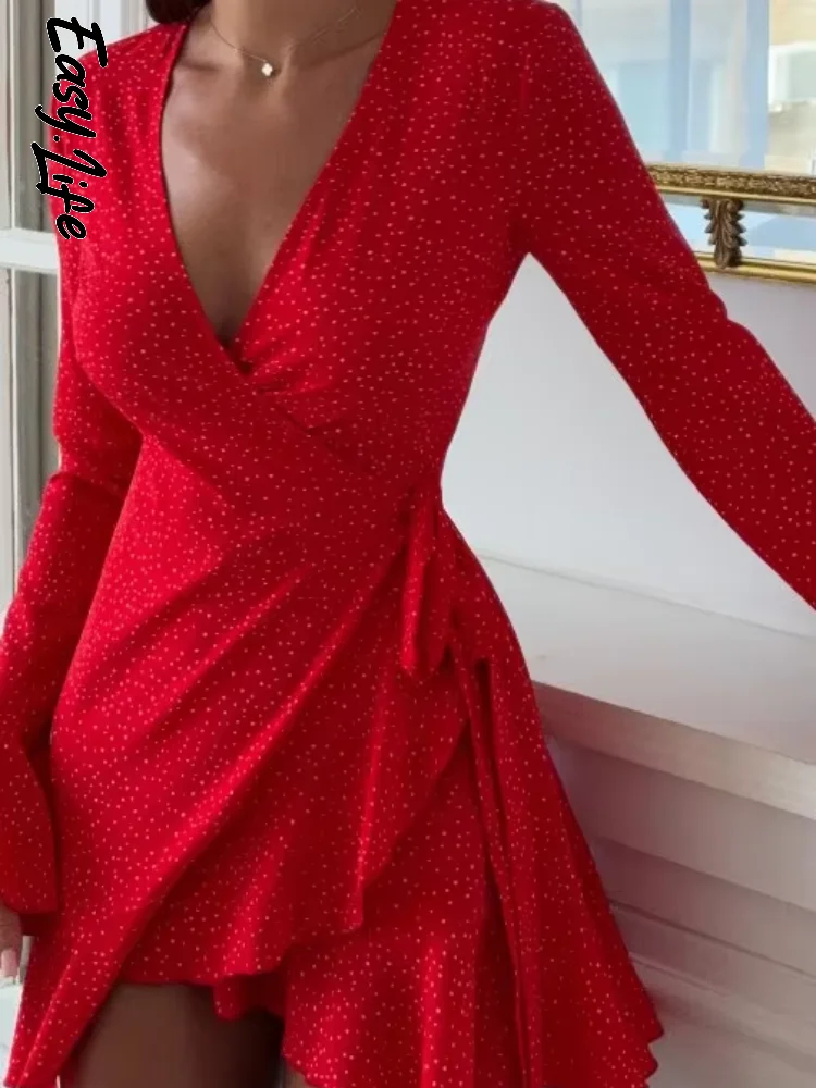 Women's V-neck Long Sleeved Mini Dress Red Polka Dot Bodycon Low-cut Ruffle irregular Tie Waist Dresses 2026 Summer Party Gown
Women's V-neck Long Sleeved Mini Dress Red Polka Dot Bodycon Low-cut Ruffle irregular Tie Waist Dresses 2026 Summer Party Gown