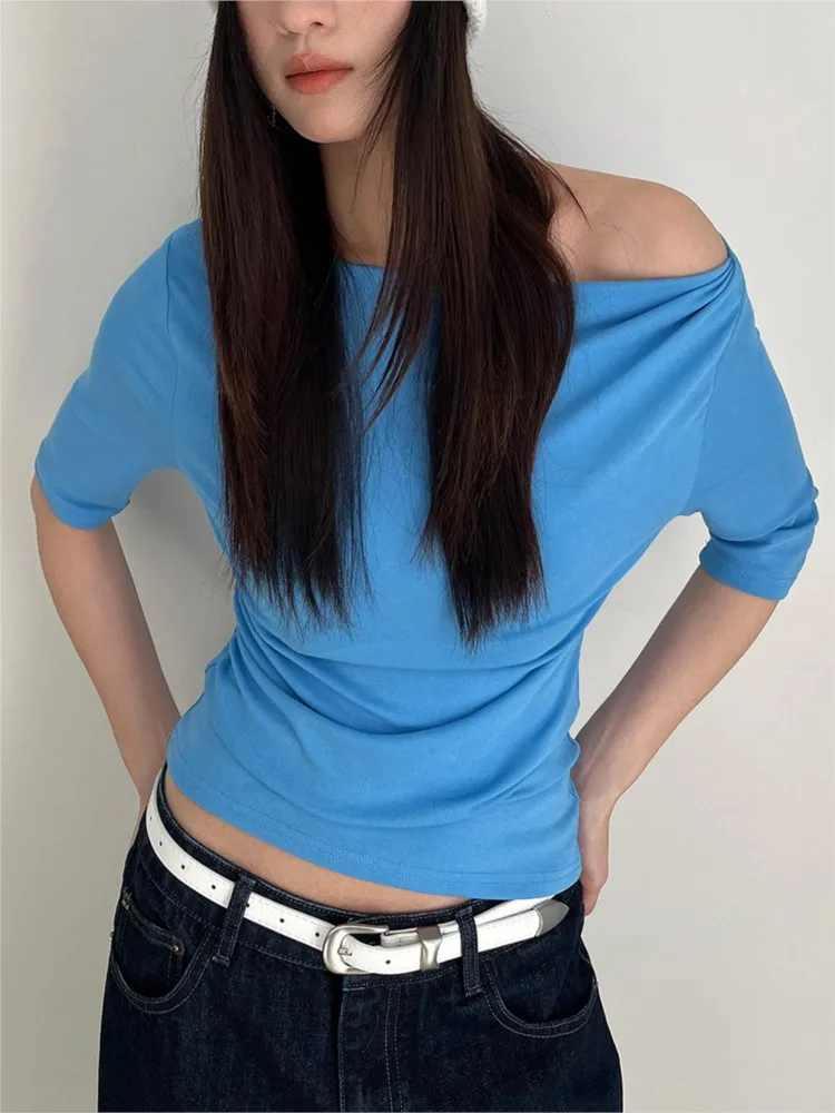 Electric Blue Half Sleeve Tees Women Summer Casual Streetwear Slim Slash Neck Crop Tops Female Vintage Simple Basic T-shirts Y2K
Electric Blue Half Sleeve Tees Women Summer Casual Streetwear Slim Slash Neck Crop Tops Female Vintage Simple Basic T-shirts Y2K