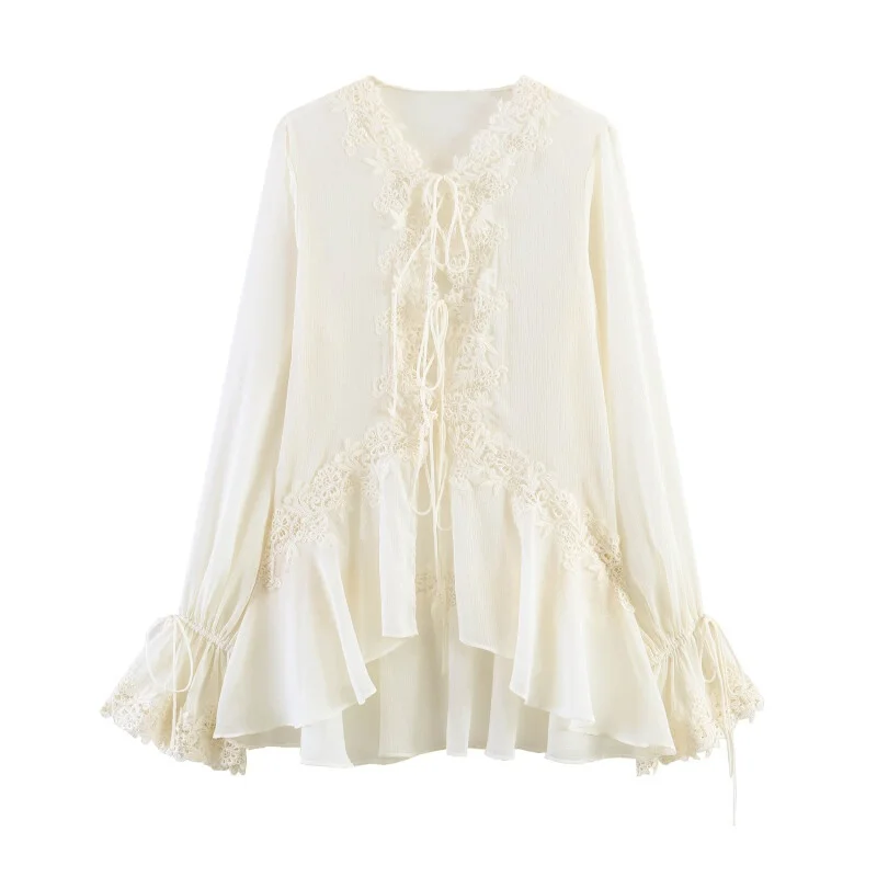 2026 New Women's Elegant Lace Chiffon Blouse, Thin Lightweight Flowy Top with Lace-Up Front, Flare Sleeve Ruffle Hem Tunic
2026 New Women's Elegant Lace Chiffon Blouse, Thin Lightweight Flowy Top with Lace-Up Front, Flare Sleeve Ruffle Hem Tunic