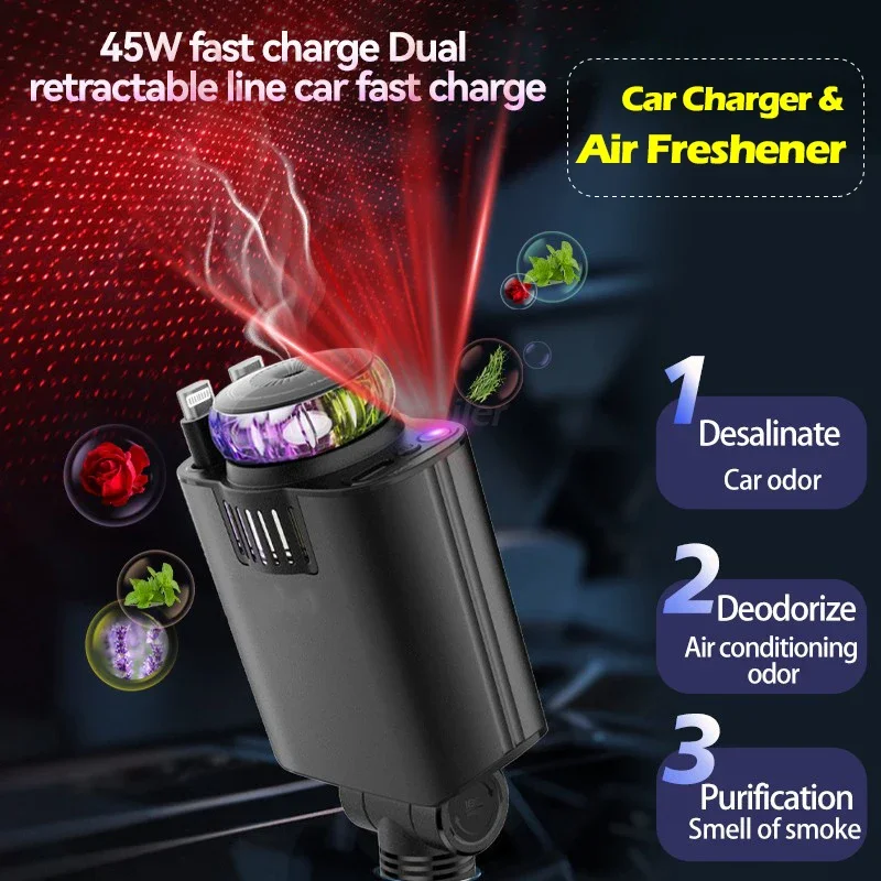 New 45W Starlight Retractable USB Car Charger Phone Type-C Cable For iPhone Fast Charge Cord Cigarette Lighter w/ Air Freshener
New 45W Starlight Retractable USB Car Charger Phone Type-C Cable For iPhone Fast Charge Cord Cigarette Lighter w/ Air Freshener