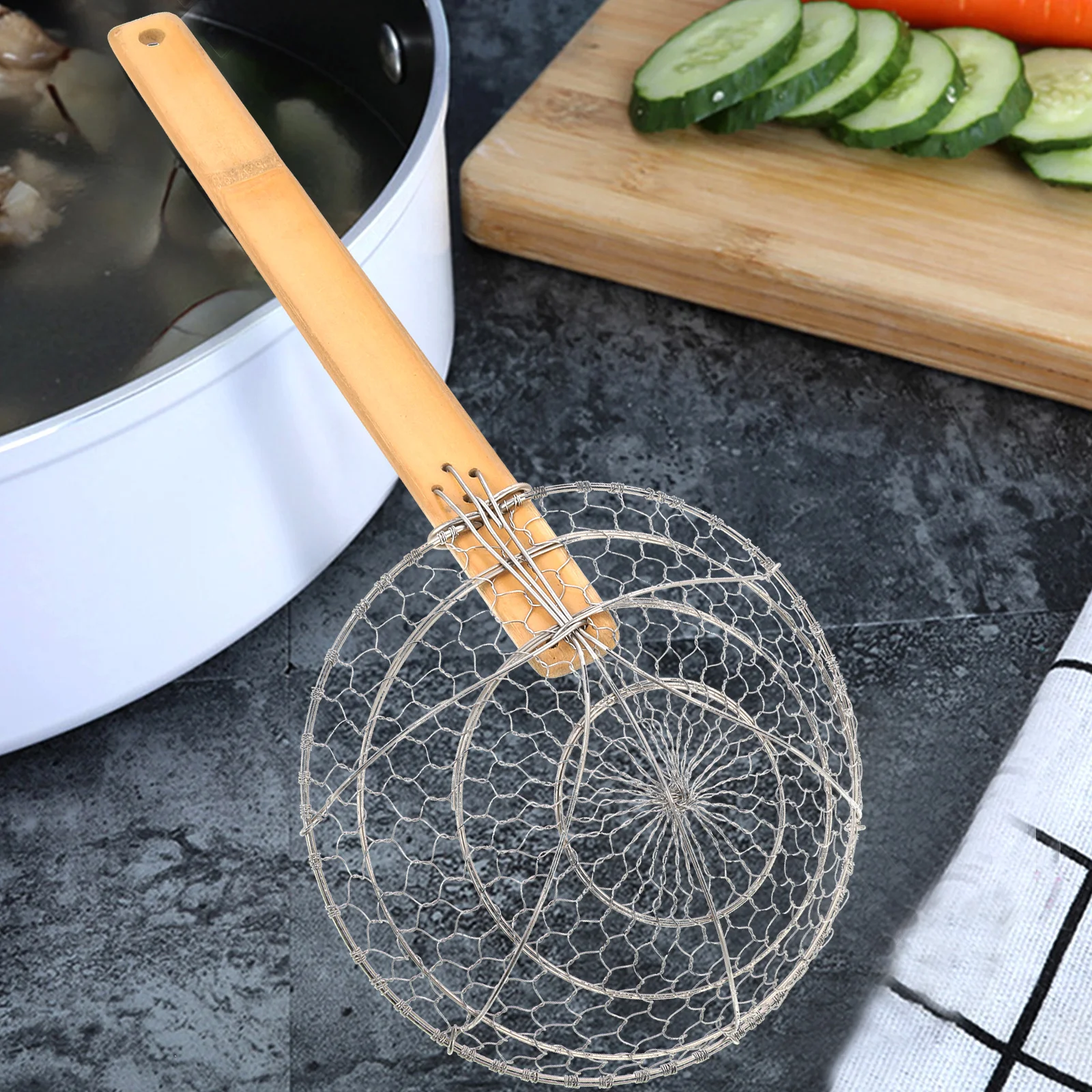 Stainless Steel and Bamboo Kitchen Colander for Fried Food Noodle Soup Straining with Ergonomic Handle and Hanging Hole
Stainless Steel and Bamboo Kitchen Colander for Fried Food Noodle Soup Straining with Ergonomic Handle and Hanging Hole