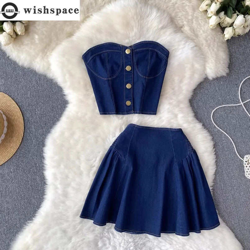 Fashion Suit Skirt Women Summer Short Denim Strapless Vest Top High Waisted A-line Skirt Two-piece Set
Fashion Suit Skirt Women Summer Short Denim Strapless Vest Top High Waisted A-line Skirt Two-piece Set
