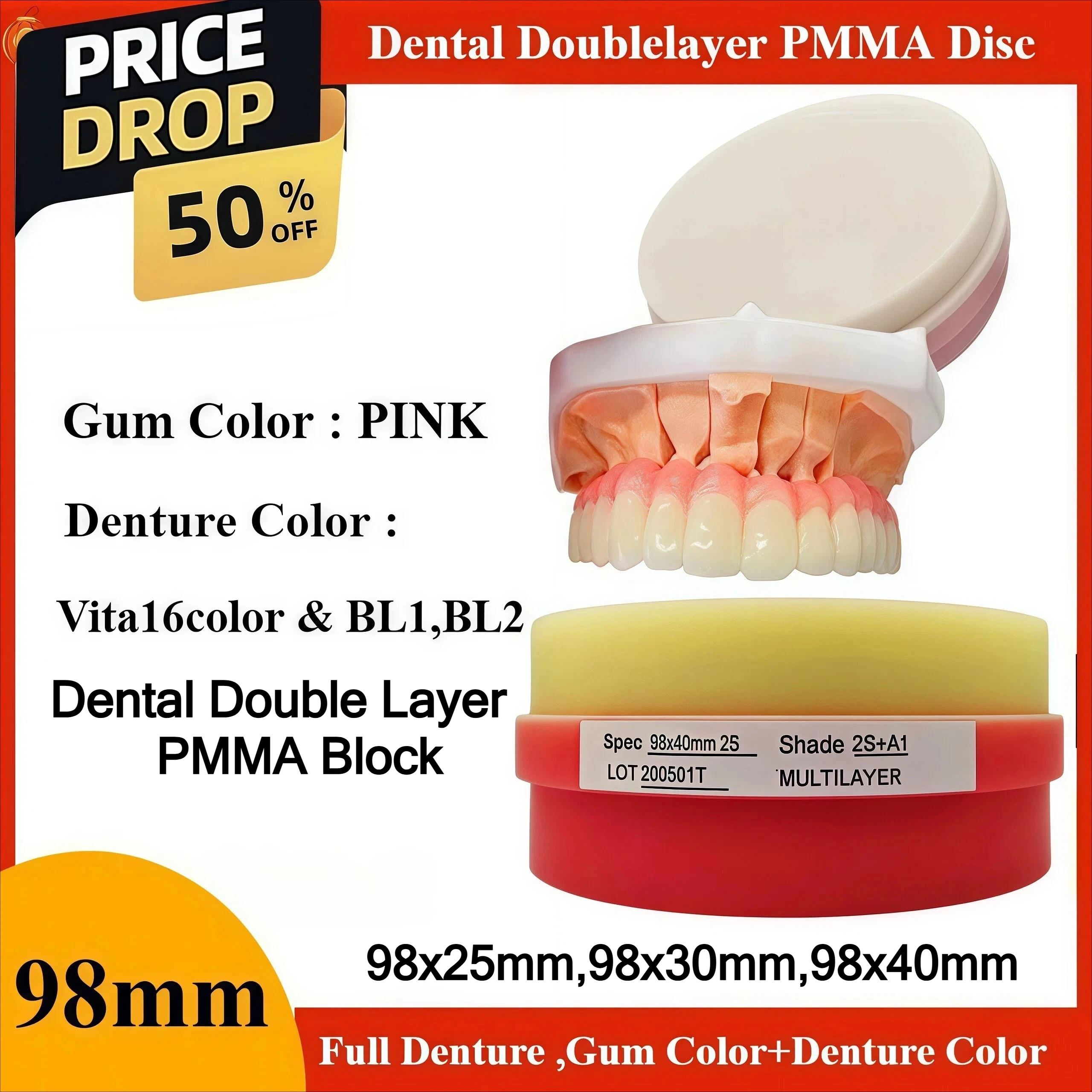 Dental Laboratory 98mm Doublelayer PMMA Block Vita16color and Pink PMMA Disc Gum Color Full Denture PMMA Resin Materials
Dental Laboratory 98mm Doublelayer PMMA Block Vita16color and Pink PMMA Disc Gum Color Full Denture PMMA Resin Materials