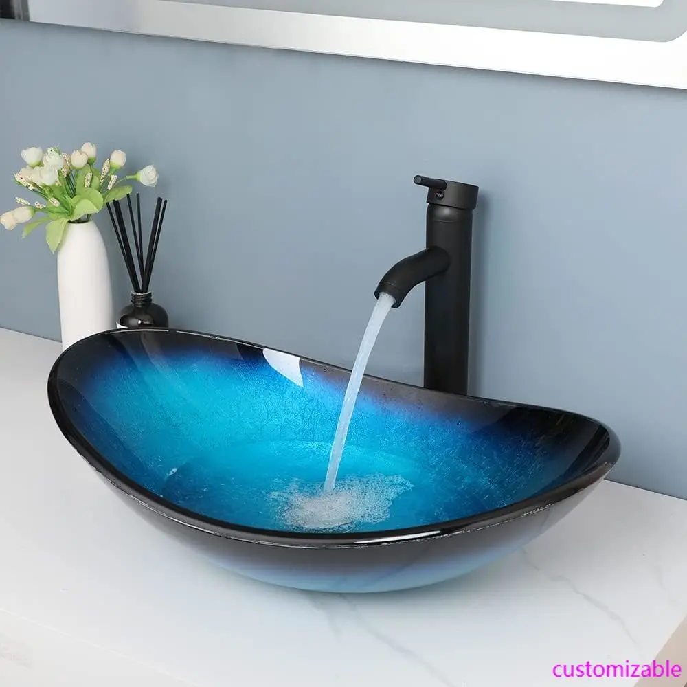 Синяя раковина из закаленного стекла со смесителем и сливом. 21-дюймовая овальная раковина для ванной комнаты над столешницей, раковина для раковины в ванной комнате.
Синяя раковина из закаленного стекла со смесителем и сливом. 21-дюймовая овальная раковина для ванной комнаты над столешницей, раковина для раковины в ванной комнате.