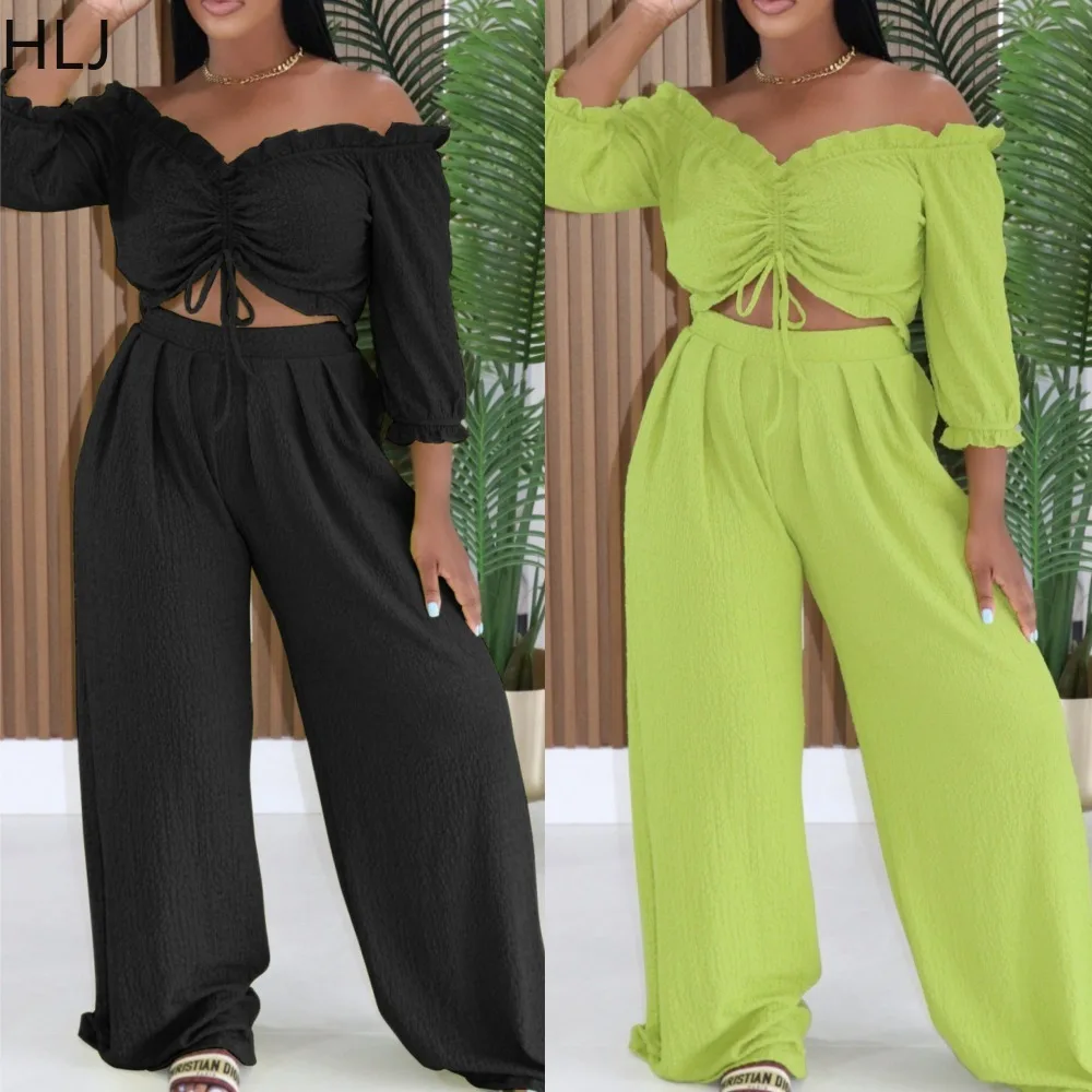 HLJ Casual Solid Color Two Piece Outfit Set Off Shoulder Ruffle Drawstring Crop Top and Wide Leg Pants Matching Suit for Ladies
HLJ Casual Solid Color Two Piece Outfit Set Off Shoulder Ruffle Drawstring Crop Top and Wide Leg Pants Matching Suit for Ladies