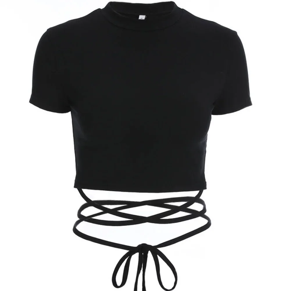 Solid Color Short Navel-baring Cross-bandage Short-sleeved T-shirts Summer Women Black Short T-Shirts T-shirt M-XXL
Solid Color Short Navel-baring Cross-bandage Short-sleeved T-shirts Summer Women Black Short T-Shirts T-shirt M-XXL