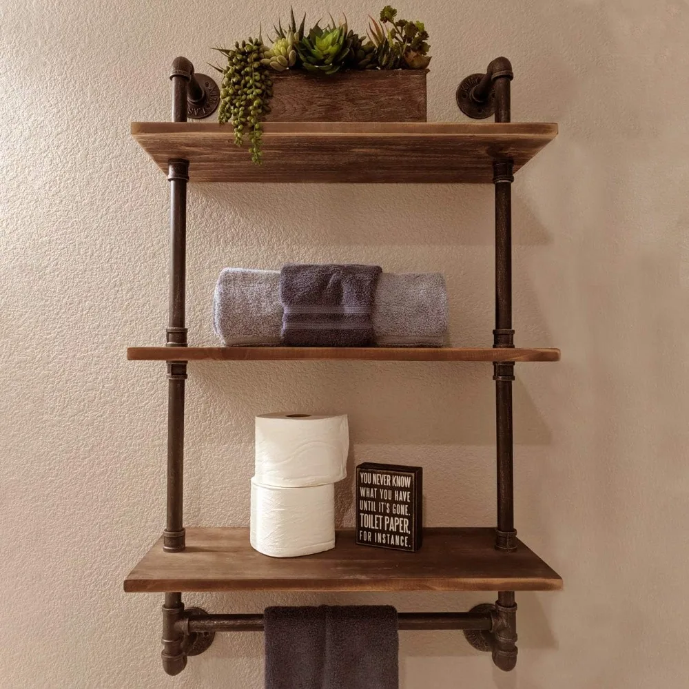 24 Inch Pine Wood 3-Tier Floating Shelves with Towel Bar Above Toilet for Bathroom Storage
24 Inch Pine Wood 3-Tier Floating Shelves with Towel Bar Above Toilet for Bathroom Storage