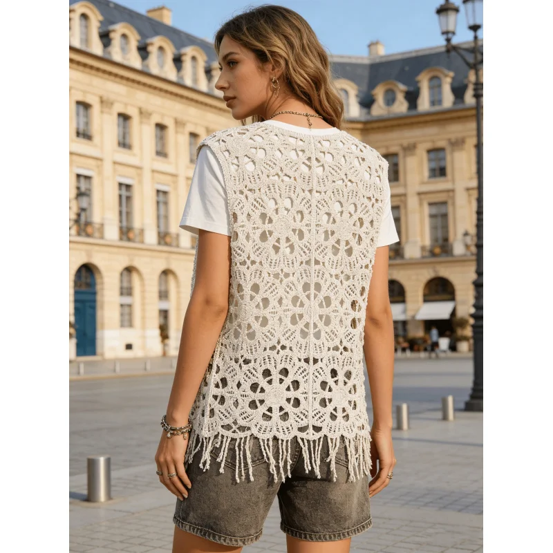 Women Sleeveless Floral Crochet Vest Fringe Hem Open Front Hollow Knit Boho Layering Waistcoat
Women Sleeveless Floral Crochet Vest Fringe Hem Open Front Hollow Knit Boho Layering Waistcoat