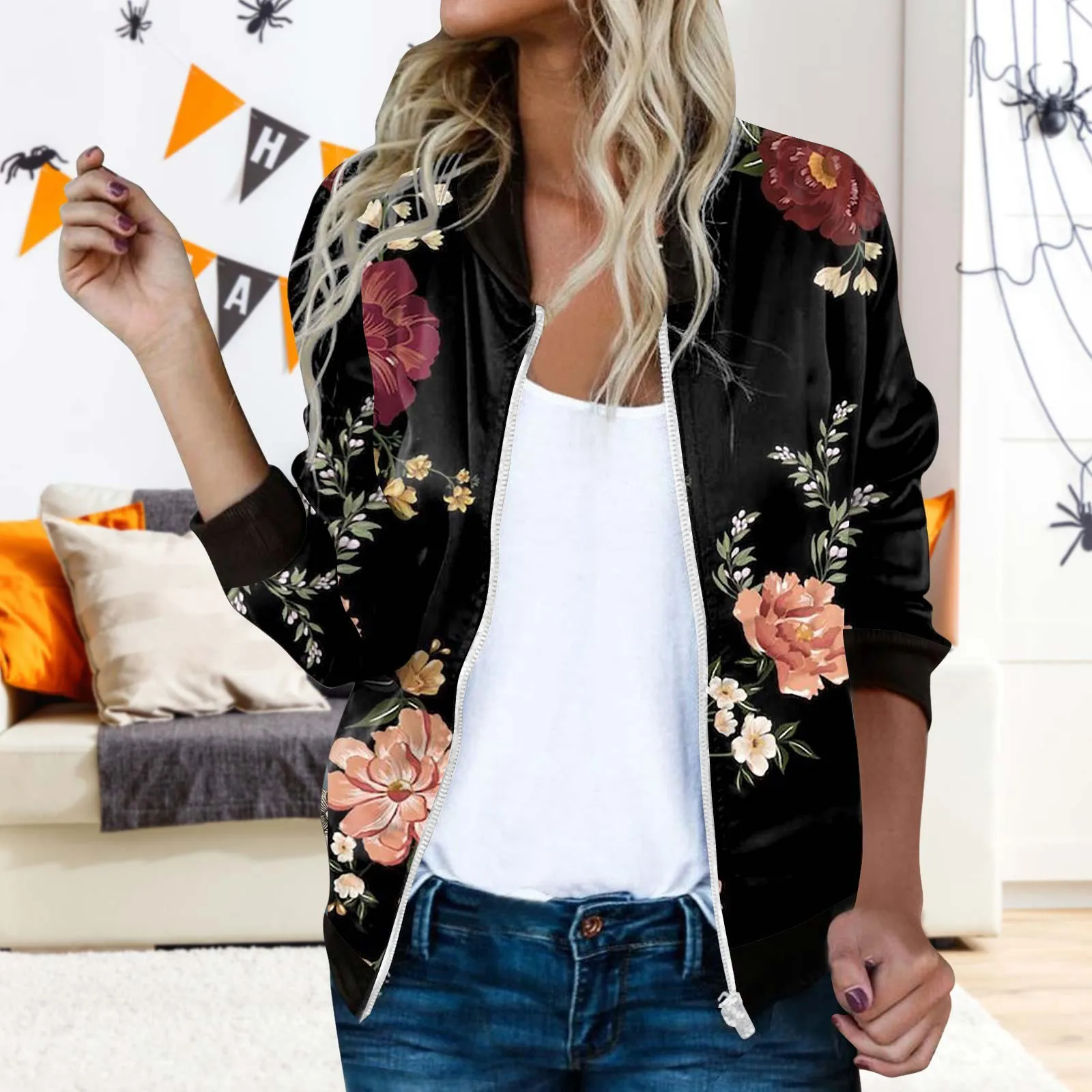 Flower Print Women Bomber Jacket Lightweight Zip Up Casual Jacket Coat Stand Collar Sports Women's Tops New In Outerwears
Flower Print Women Bomber Jacket Lightweight Zip Up Casual Jacket Coat Stand Collar Sports Women's Tops New In Outerwears