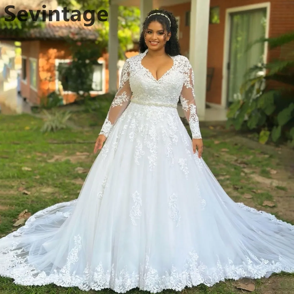 Sevintage 2025 Elegant Plus Size A Line Long Sleeve V Neck Wedding Dress Lace Appliques Bridal Gowns Customized Vestidos
Sevintage 2025 Elegant Plus Size A Line Long Sleeve V Neck Wedding Dress Lace Appliques Bridal Gowns Customized Vestidos