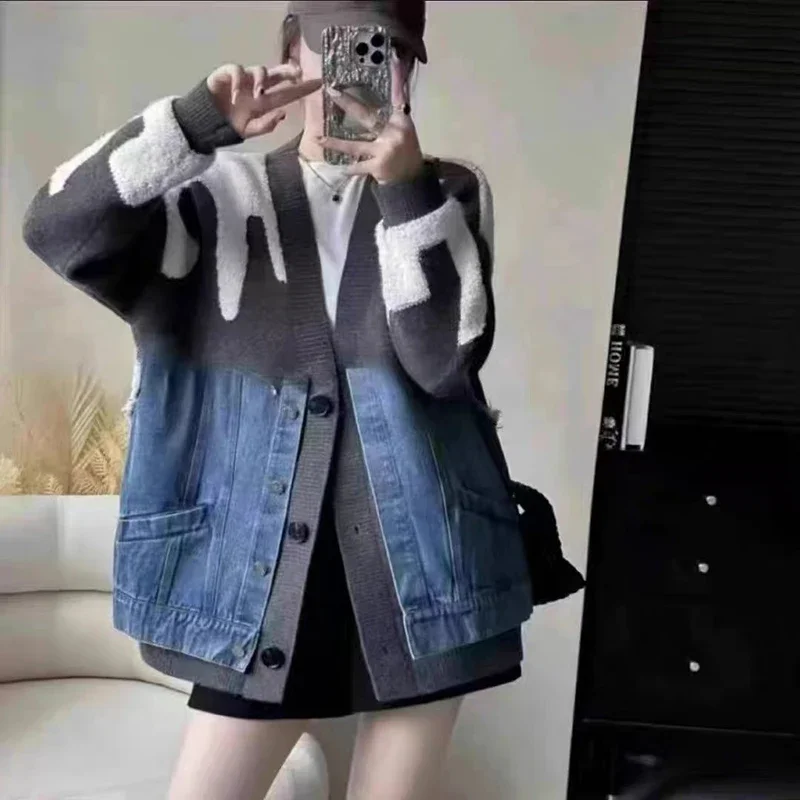 New Women's Korean Version Cardigan Coat Loose V Neck Long Sleeved Single Breasted Denim Patchwork Knitted Cardigan Jackets
New Women's Korean Version Cardigan Coat Loose V Neck Long Sleeved Single Breasted Denim Patchwork Knitted Cardigan Jackets