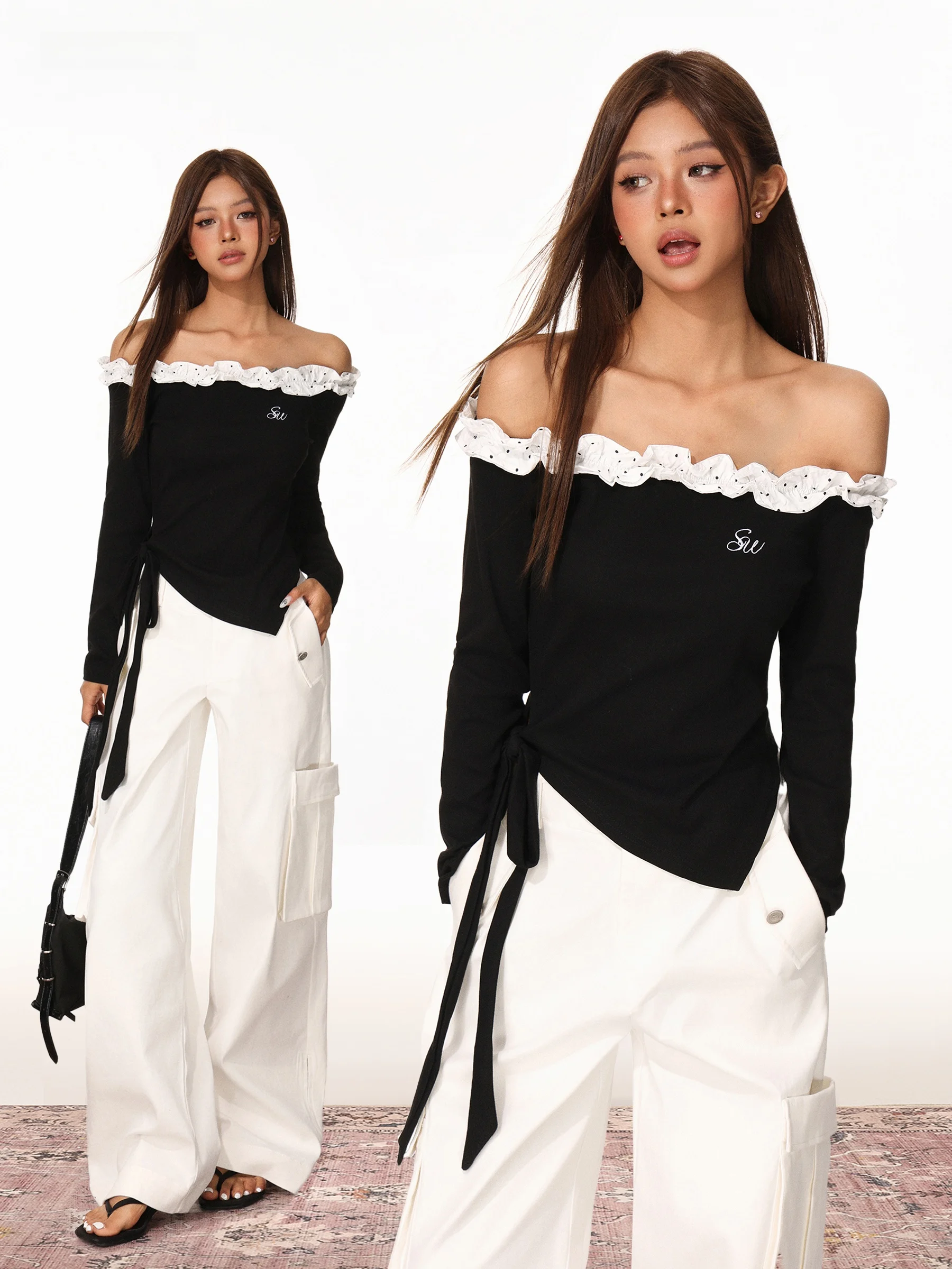 October Pure Desire Design Shoulder Bared T Shirt Women's One Shoulder Waist Cinching Long Sleeve Classic Polka Dot Pattern
October Pure Desire Design Shoulder Bared T Shirt Women's One Shoulder Waist Cinching Long Sleeve Classic Polka Dot Pattern