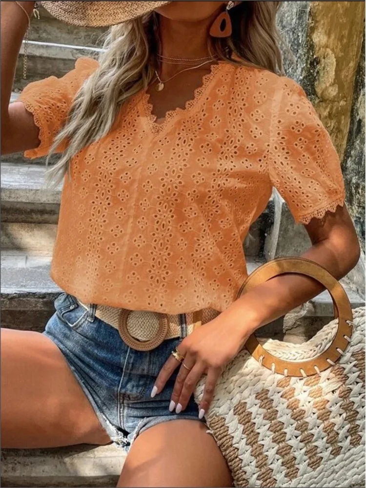 Women's Summer New Fashionable Solid Color Sexy V-neck Lace Hollow Out Casual Comfortable Short Sleeved Shirt Top
Women's Summer New Fashionable Solid Color Sexy V-neck Lace Hollow Out Casual Comfortable Short Sleeved Shirt Top