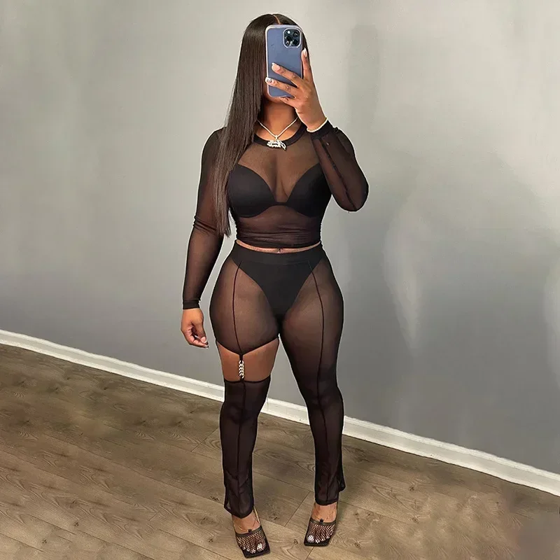Sexy See Through Metal Chain Hollow Out Sheer Mesh Two Piece Set Women Long Sleeve Crop Tops High Waist Pants Streetwear Suits
Sexy See Through Metal Chain Hollow Out Sheer Mesh Two Piece Set Women Long Sleeve Crop Tops High Waist Pants Streetwear Suits