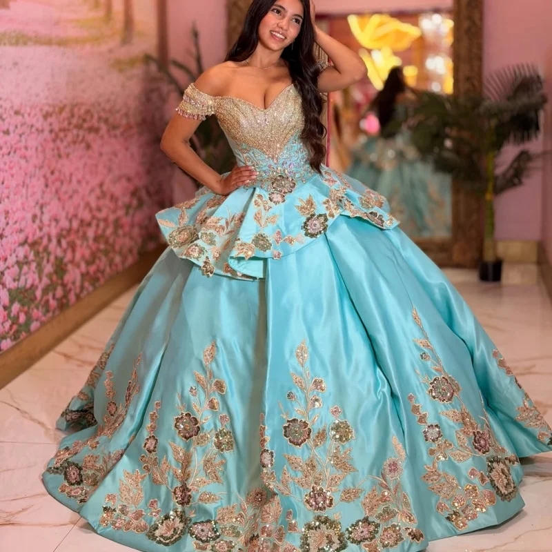 Satin Peacock Blue Quinceanera Dress off-shoulder Crystal Sequin Flower Decal Long tail vestidos de 15 Quinceanera Customize
Satin Peacock Blue Quinceanera Dress off-shoulder Crystal Sequin Flower Decal Long tail vestidos de 15 Quinceanera Customize
