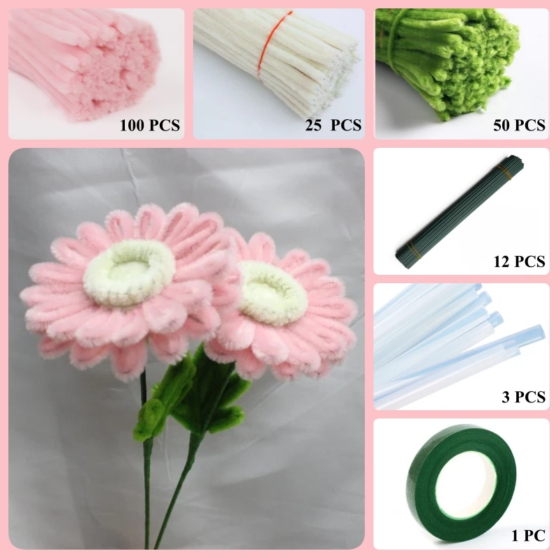 175 PCS * Pipe Cleaner Chenille Stems Handmade Gerbera Flower Making Kit DIY Art Flower Bouquet Craft Set Hot Glue Sticks Tape
175 PCS * Pipe Cleaner Chenille Stems Handmade Gerbera Flower Making Kit DIY Art Flower Bouquet Craft Set Hot Glue Sticks Tape