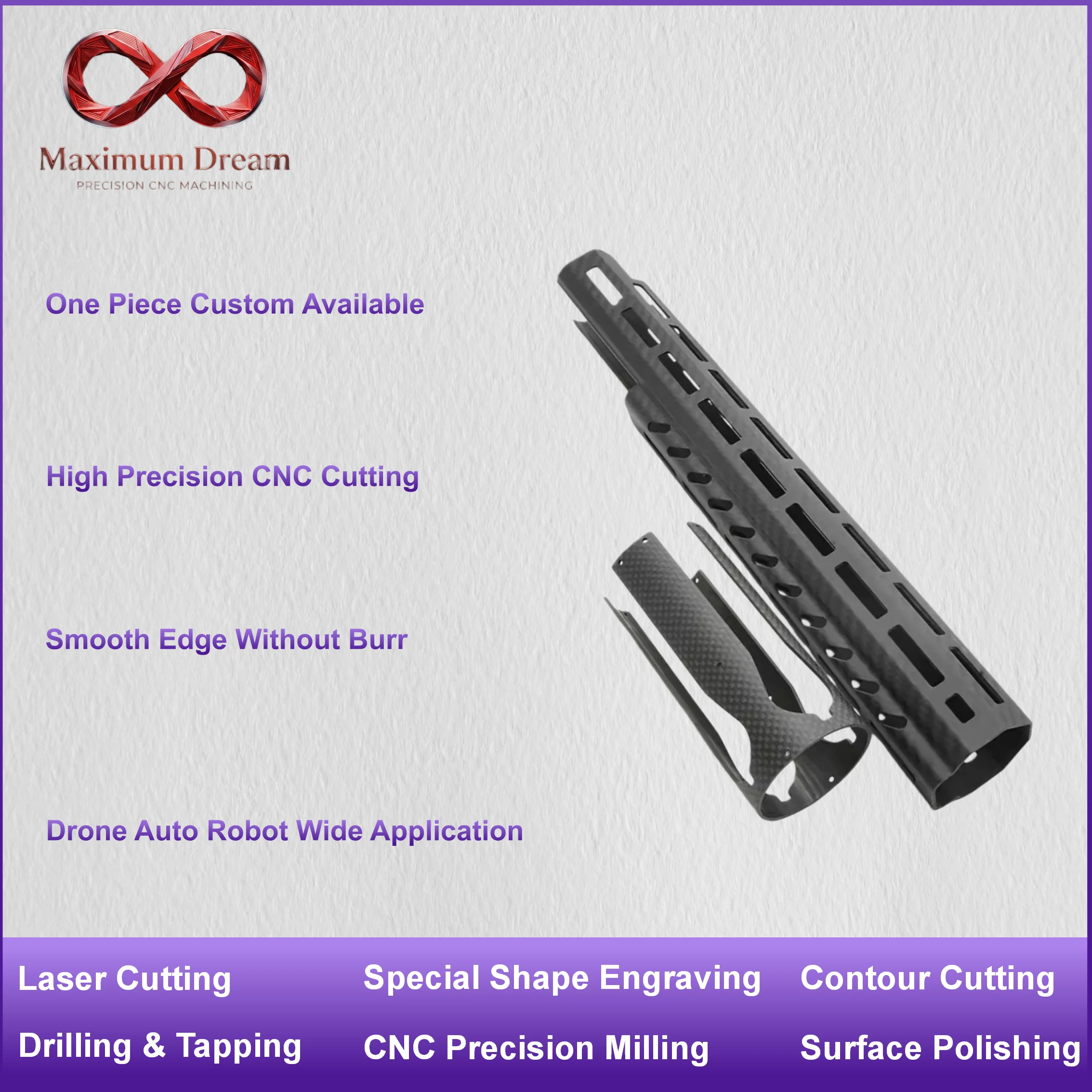 Custom CNC Carbon Fiber Tube Drilling Cutting, 3K Pure Carbon Tubing Mill Service for FPV Drone RC Hobby per Drawing
Custom CNC Carbon Fiber Tube Drilling Cutting, 3K Pure Carbon Tubing Mill Service for FPV Drone RC Hobby per Drawing
