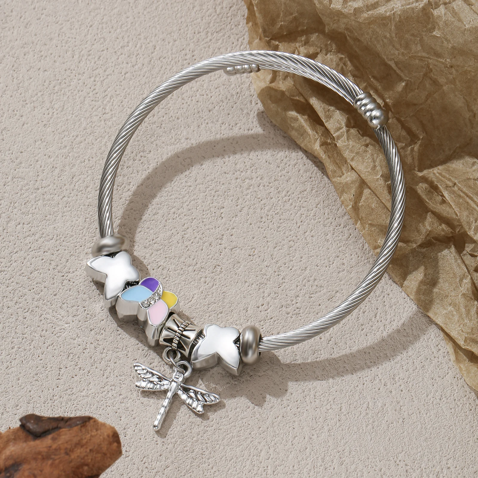 Silver Tone Charm Bangle with Colorful Butterfly and Dragonfly Pendant for Women
Silver Tone Charm Bangle with Colorful Butterfly and Dragonfly Pendant for Women