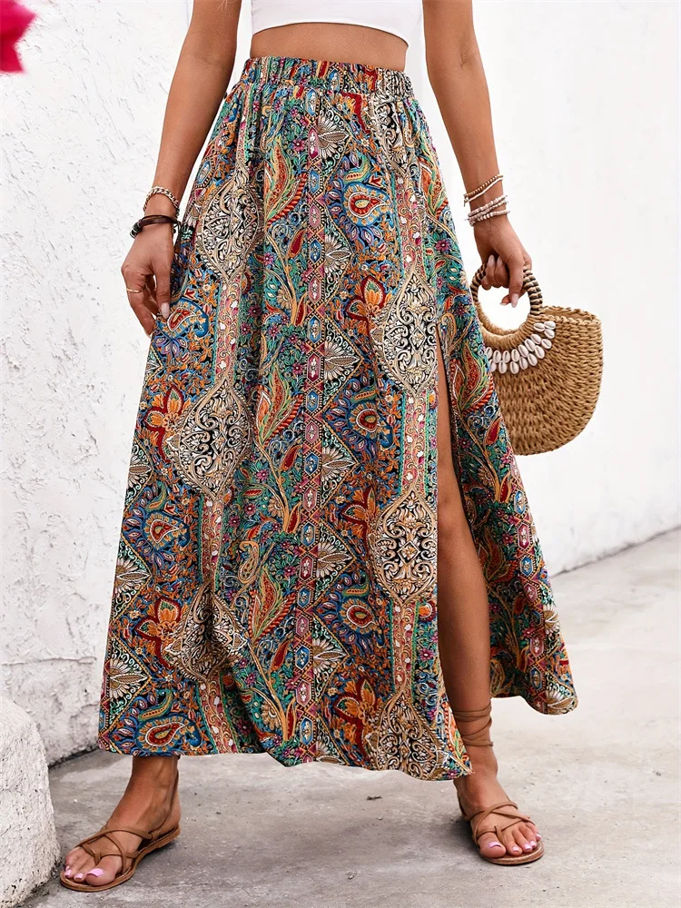 INS New National Style Personalized Printed Slit A- line Skirt Spring and Summer High Sense Foreign Trade Women's Clothing Skirt 
INS New National Style Personalized Printed Slit A- line Skirt Spring and Summer High Sense Foreign Trade Women's Clothing Skirt