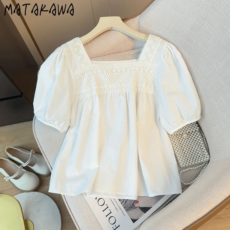Matakawa Sweet Blouses Puff Sleeve Solid Lace Patchwork Square Neck Women Shirts Spring Summer Korean Fashion Chic Blusas Mujer
Matakawa Sweet Blouses Puff Sleeve Solid Lace Patchwork Square Neck Women Shirts Spring Summer Korean Fashion Chic Blusas Mujer
