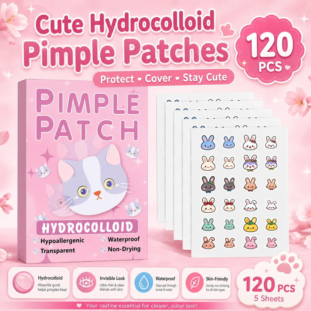 120pcs Cartoon acne patch, cute cat-shaped facial concealer acne patch, safe, non-toxic, gentle and non-irritating
120pcs Cartoon acne patch, cute cat-shaped facial concealer acne patch, safe, non-toxic, gentle and non-irritating