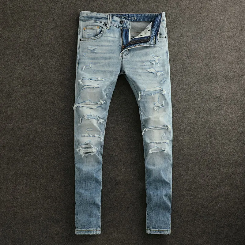 Street fashion men's jeans high-quality retro washed light blue straight leg split jeans men's designer retro ripple denim pants
Street fashion men's jeans high-quality retro washed light blue straight leg split jeans men's designer retro ripple denim pants
