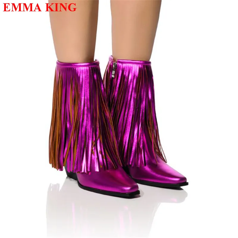 New Cowboy Cowgirl Boots For Women 2023 Fashion Fringe Pointed Toe Chunky Heel Ankle Western Boots Metallic Leather Womens Shoes
New Cowboy Cowgirl Boots For Women 2023 Fashion Fringe Pointed Toe Chunky Heel Ankle Western Boots Metallic Leather Womens Shoes