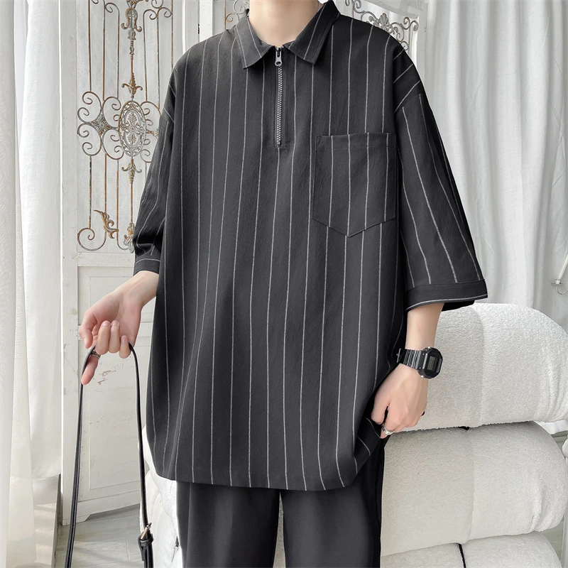 Men's Shirts Half Sleeve Zipper Tops Korean Fashion Shirts Stripe Unisex Shirt Men Woman Summer Casual Oversized Clothing
Men's Shirts Half Sleeve Zipper Tops Korean Fashion Shirts Stripe Unisex Shirt Men Woman Summer Casual Oversized Clothing