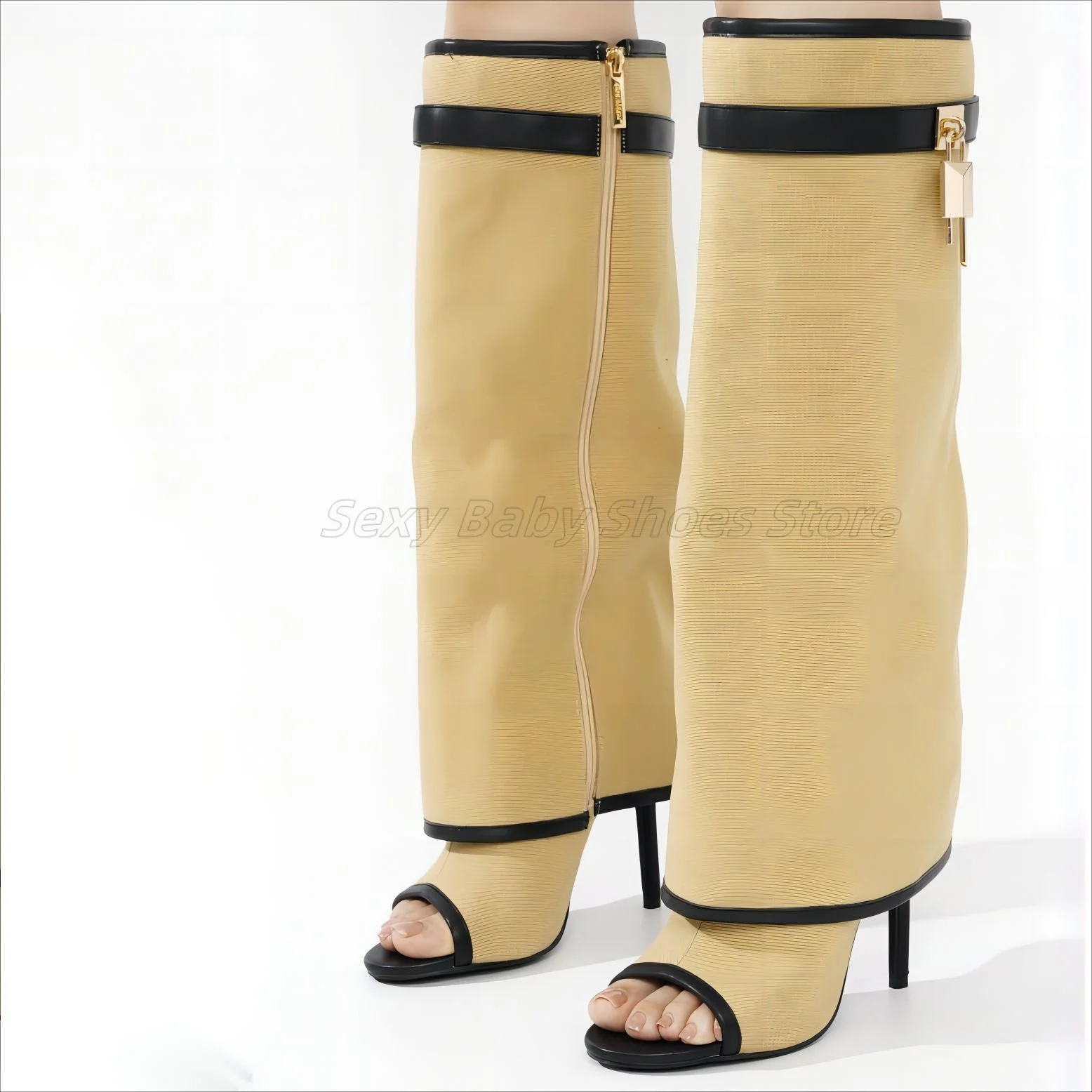 Color Blocked Peep Toe Cool Boots with Exposed Toe Metal Buckle Splicing Sleeve Super High Heels for Women Europe and America
Color Blocked Peep Toe Cool Boots with Exposed Toe Metal Buckle Splicing Sleeve Super High Heels for Women Europe and America