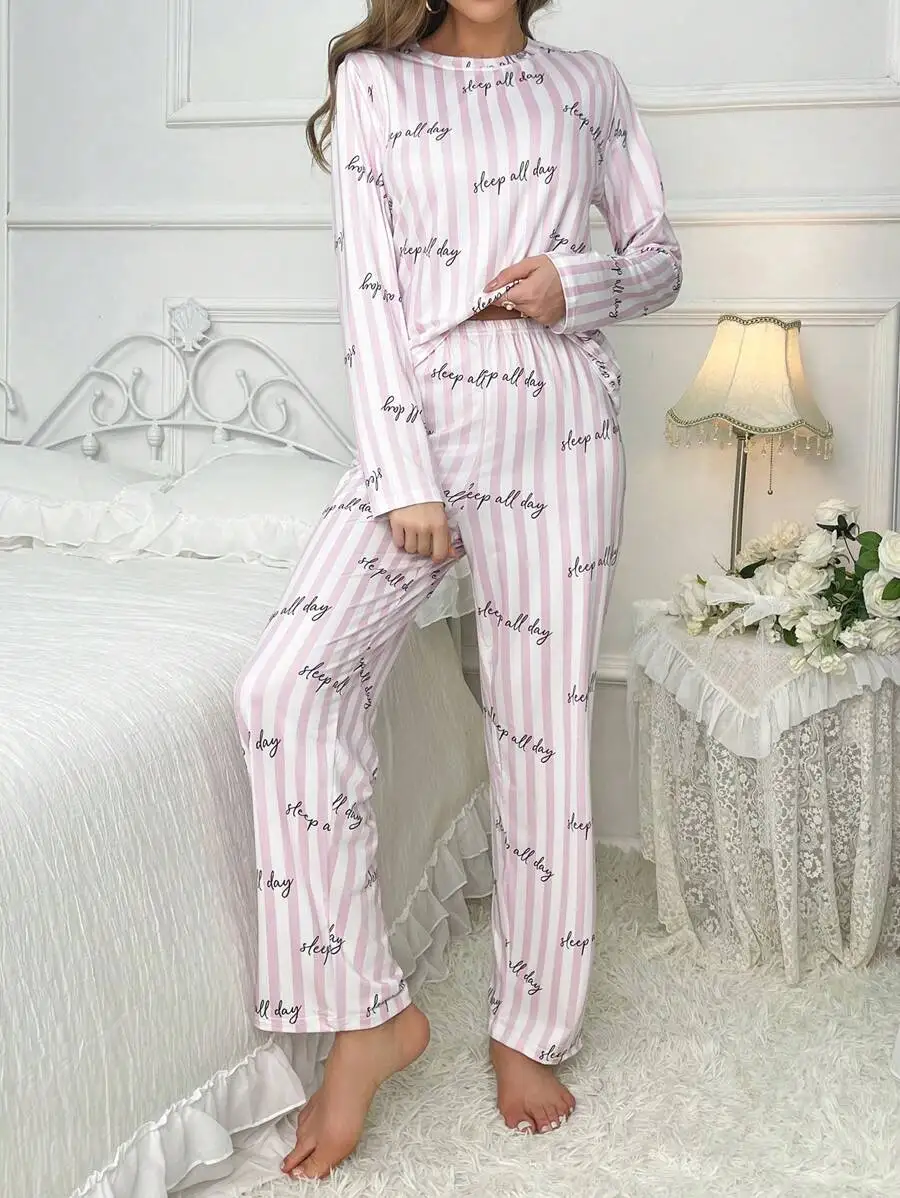 Striped Letter Print Pajama Set Women Long Sleeve Cozy Sleepwear
Striped Letter Print Pajama Set Women Long Sleeve Cozy Sleepwear