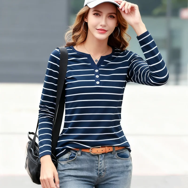 Spring Women Long Sleeve Striped Pattern Elegant T-shirt Autumn Casual Pullover Top V-neck Blouse
Spring Women Long Sleeve Striped Pattern Elegant T-shirt Autumn Casual Pullover Top V-neck Blouse