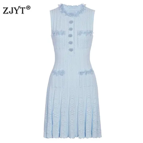 ZJYT Summer Knitted Sweater Dresses for Women 2026 Fashion Sleeveless Pearls Appliques Mini Elegant Party Sweet Dress Pink Blue