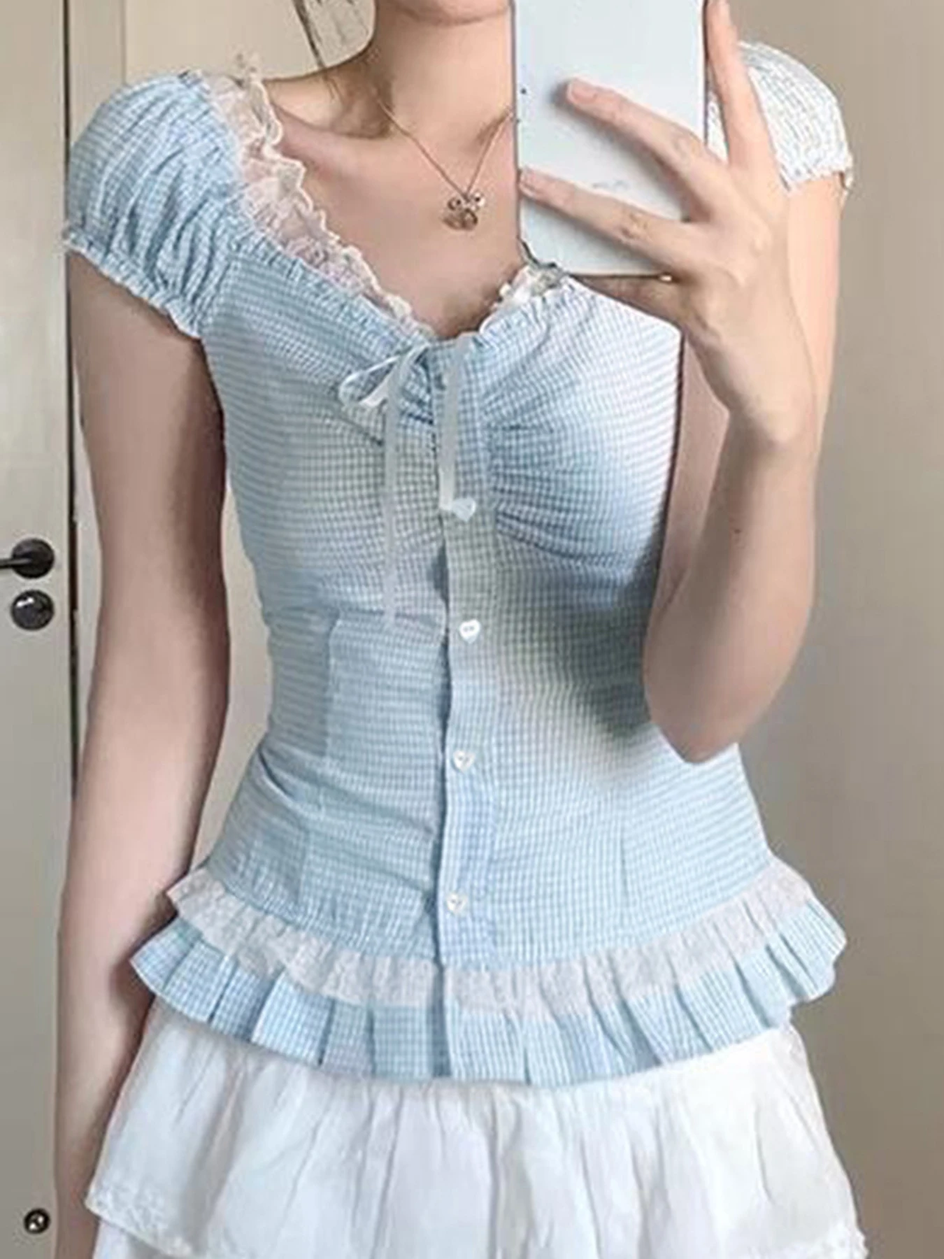Sweetown Sweet Simple Slim Fit Lace Spliced Women Plaid Shirts Fashion Causal Ruffly Bow Fake 2 Piece Blouses
Sweetown Sweet Simple Slim Fit Lace Spliced Women Plaid Shirts Fashion Causal Ruffly Bow Fake 2 Piece Blouses