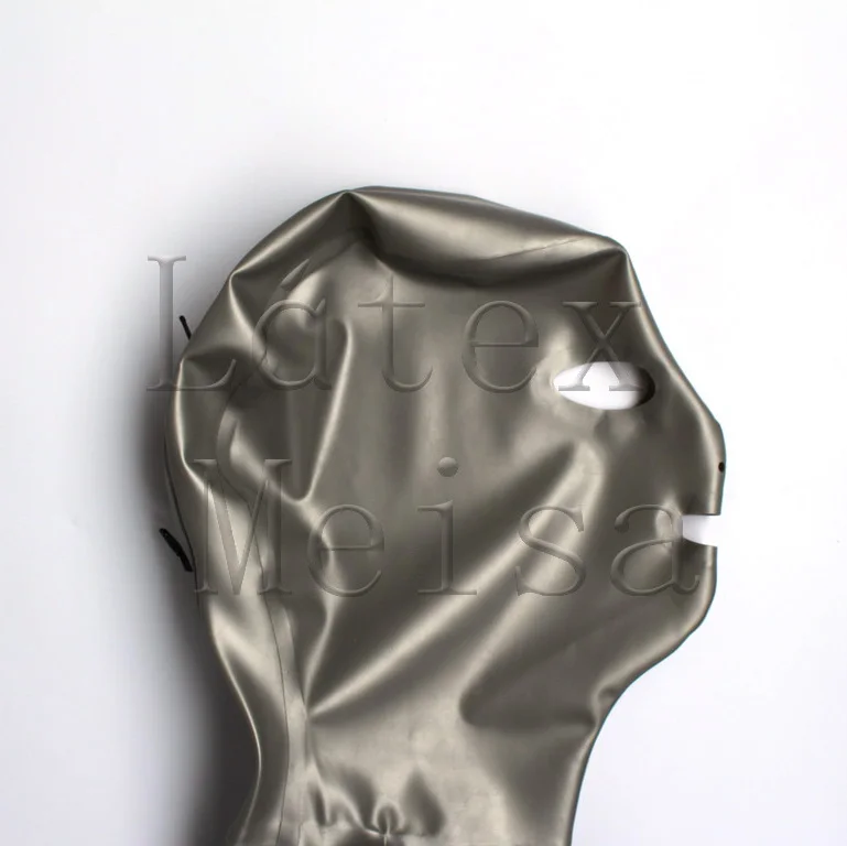Latex masks men's rubber hoods open mouth eyes and nostrils in silver color with back zip
Latex masks men's rubber hoods open mouth eyes and nostrils in silver color with back zip