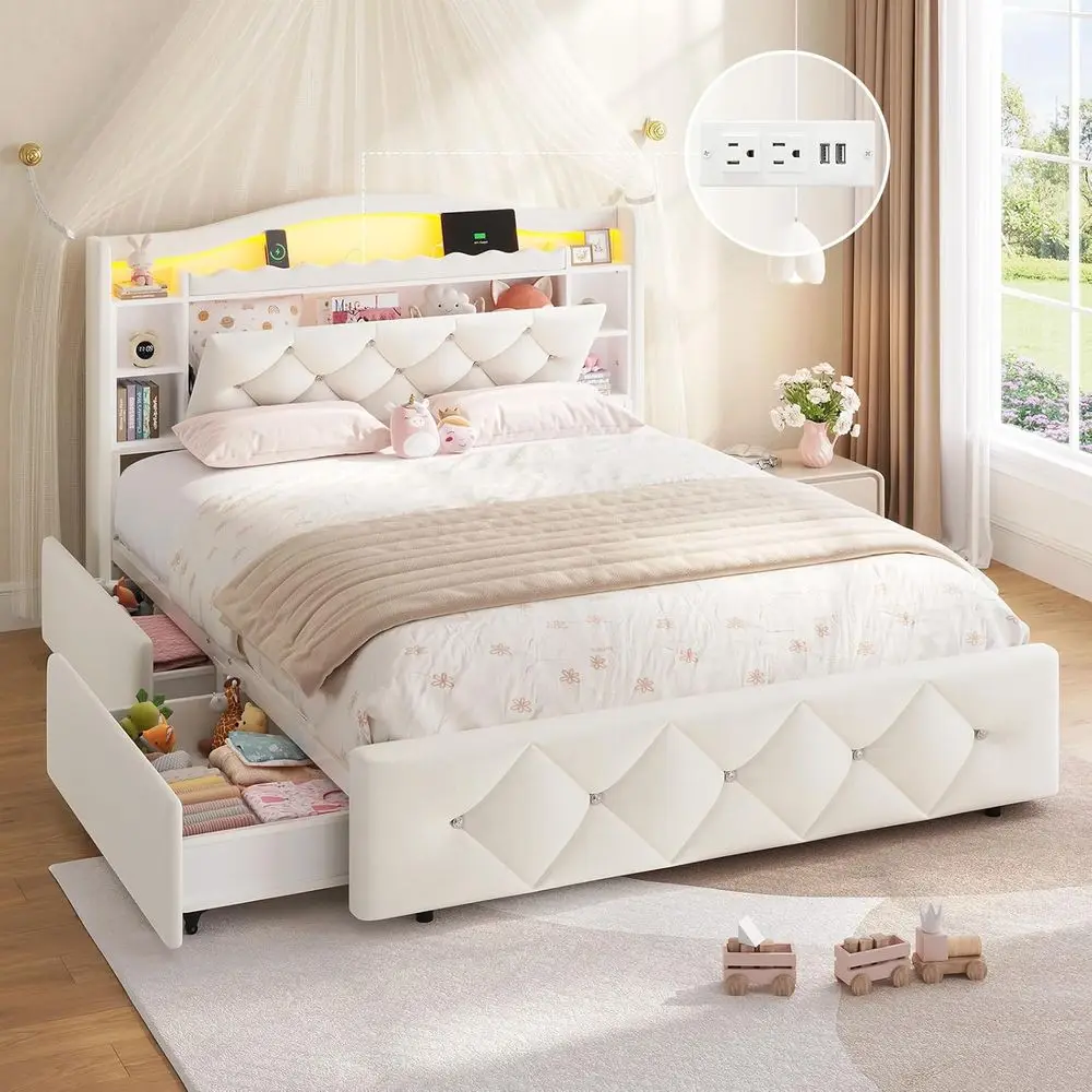 Luxury Velvet Platform Bed for Kids with 4 Storage Drawers, Bookcase, LED Lights, Power Outlets, Beige
Luxury Velvet Platform Bed for Kids with 4 Storage Drawers, Bookcase, LED Lights, Power Outlets, Beige