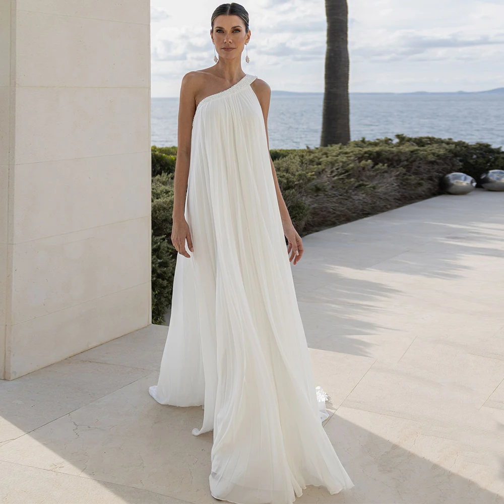 One Shoulder Pleated Chiffon A-Line Wedding Dress with Beaded Strap Sweep Train Sleeveless Women Bridal Gowns Customized Size
One Shoulder Pleated Chiffon A-Line Wedding Dress with Beaded Strap Sweep Train Sleeveless Women Bridal Gowns Customized Size