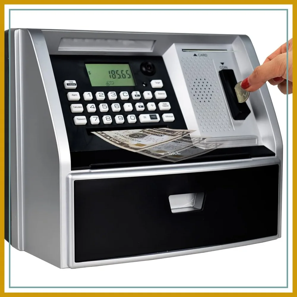 Electronic ATM Piggy Bank with Coin Counter, Card & Password, Mini ATM Machine Savings Toy for Boys and Girls (Black/Silver)
Electronic ATM Piggy Bank with Coin Counter, Card & Password, Mini ATM Machine Savings Toy for Boys and Girls (Black/Silver)
