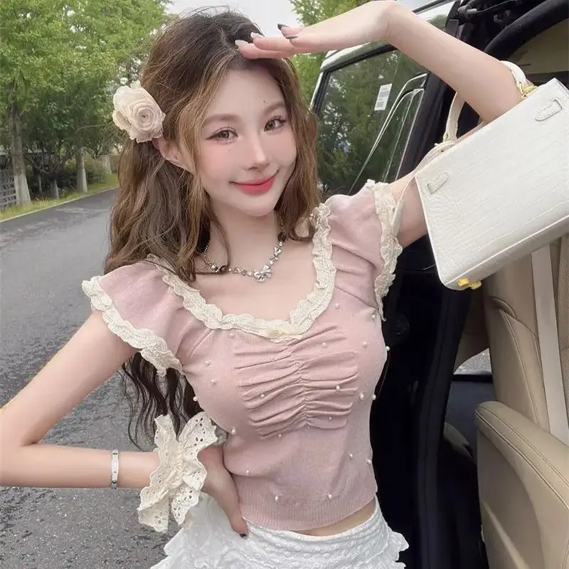 Japan Green Small Fresh New Korean Design Korean Lace Niche Beaded Short-Sleeved Sweater For Women Summer
Japan Green Small Fresh New Korean Design Korean Lace Niche Beaded Short-Sleeved Sweater For Women Summer
