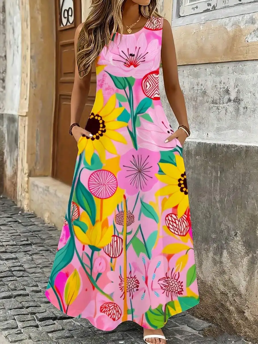 Floral Maxi Dress Pink Sunflower Abstract Flower Print Summer Beach Vacation Women Fashion
Floral Maxi Dress Pink Sunflower Abstract Flower Print Summer Beach Vacation Women Fashion