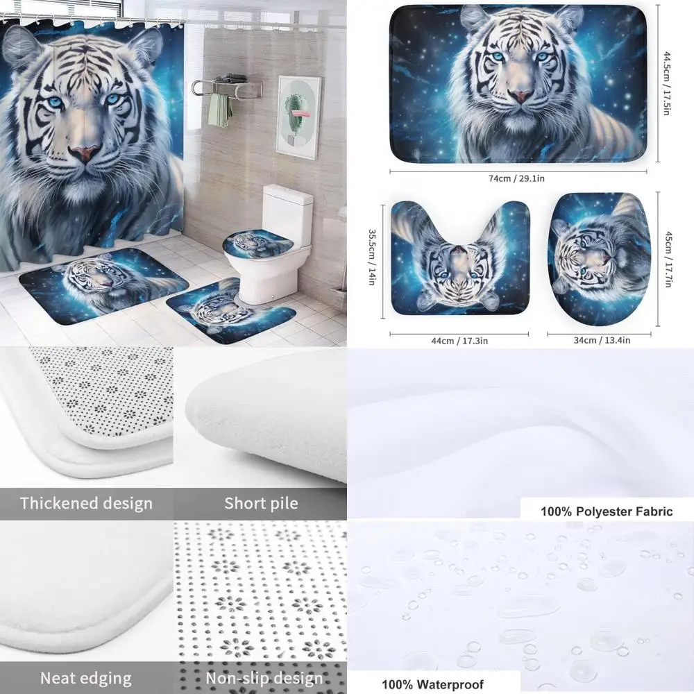 4-Piece Tiger-Themed Shower Curtain Set: Waterproof, Non-Slip Rugs, Toilet Cover, Bath Mat
4-Piece Tiger-Themed Shower Curtain Set: Waterproof, Non-Slip Rugs, Toilet Cover, Bath Mat