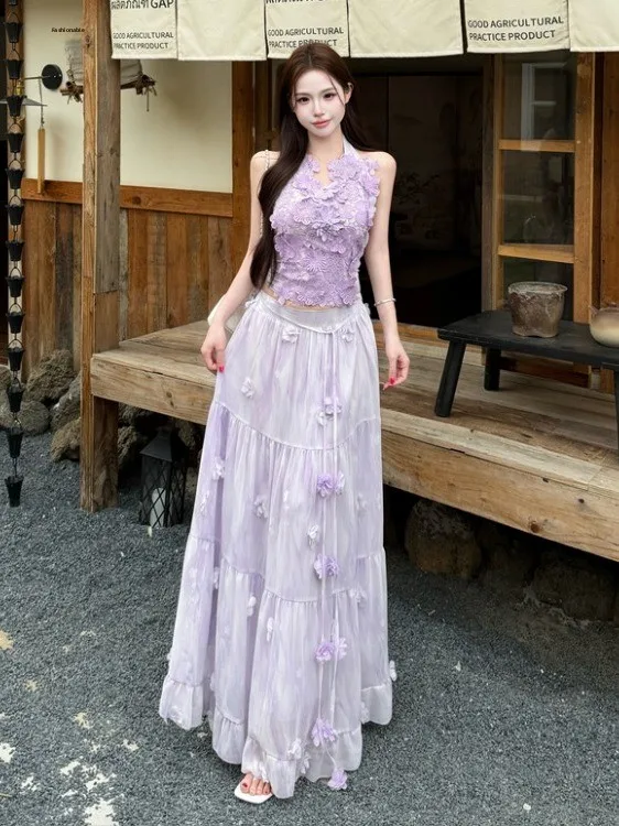 Summer Chic Halter Neck Tie Dye Top Skirt Set Women's Fashion Floral Print High Waist Slimming Vacation Two Piece Outfit
Summer Chic Halter Neck Tie Dye Top Skirt Set Women's Fashion Floral Print High Waist Slimming Vacation Two Piece Outfit