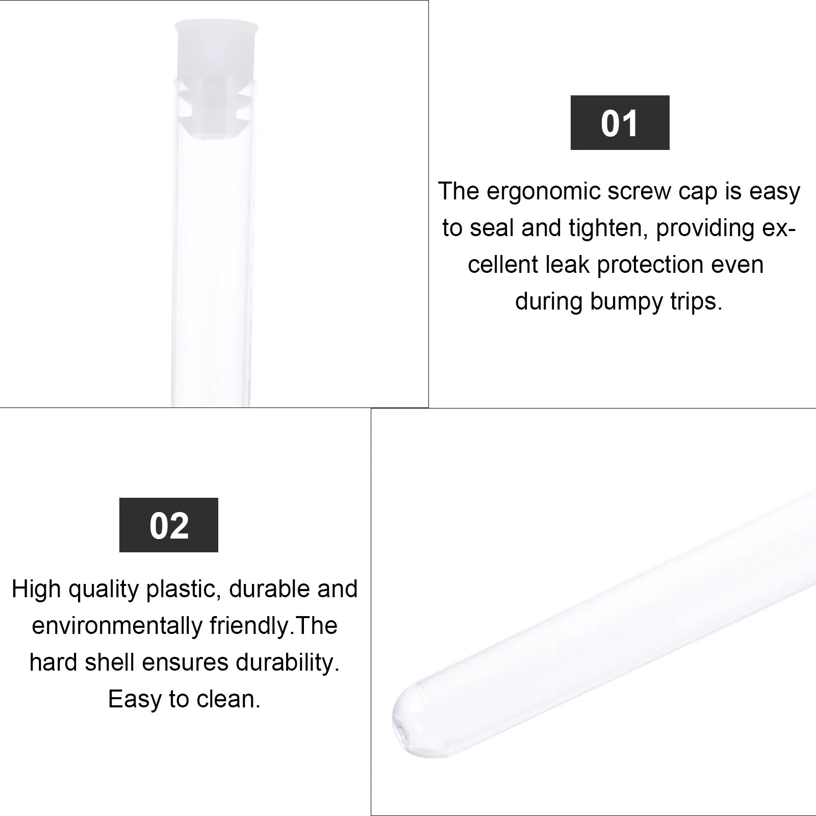 100Pcs Plastic Test Tubes Transparent Ergonomic Screw Cap Leakproof Storage for Lab and Travel Plastic Test Tubes
100Pcs Plastic Test Tubes Transparent Ergonomic Screw Cap Leakproof Storage for Lab and Travel Plastic Test Tubes