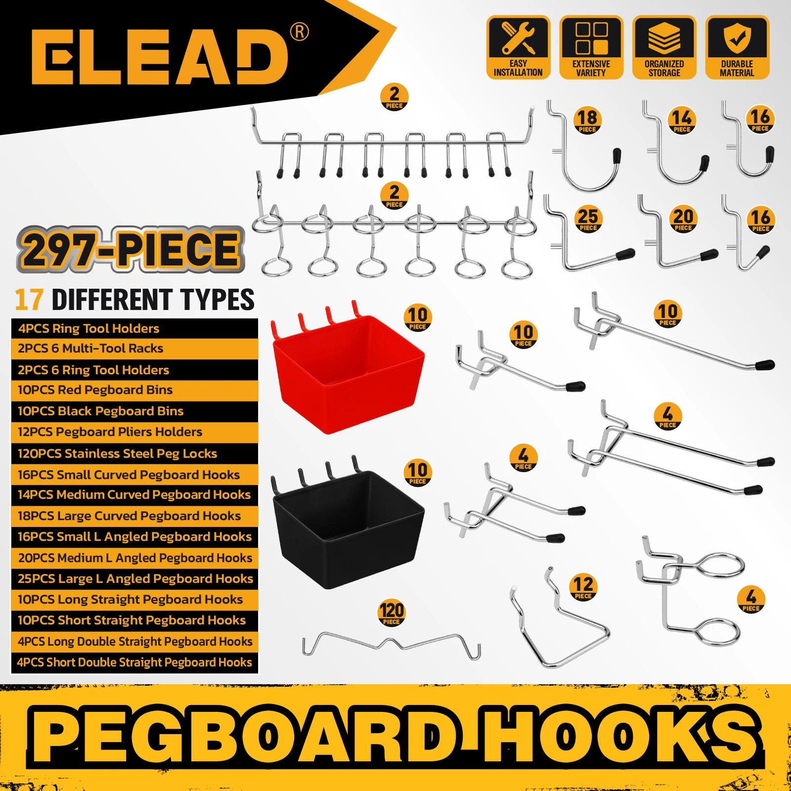 ELEAD 297Pcs Pegboard Hooks, Fits 1/8 & 1/4" Pegboard, Assorted Accessories with Bins, Garage & Craft Room Tool Storage
ELEAD 297Pcs Pegboard Hooks, Fits 1/8 & 1/4" Pegboard, Assorted Accessories with Bins, Garage & Craft Room Tool Storage