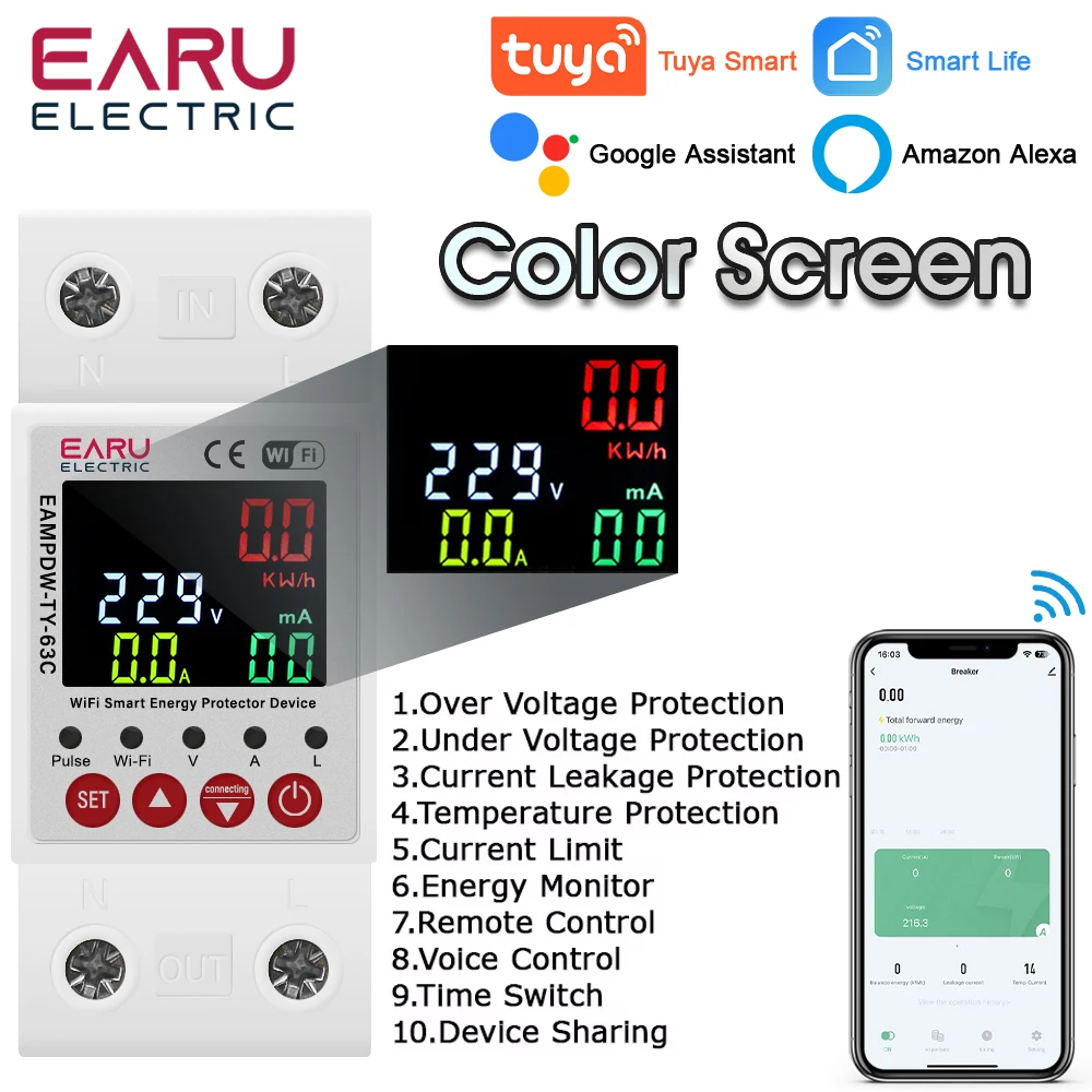 Tuya Smart WiFi Energy Meter Power kWh Meter Earth Leakage Over Under Voltage Protector Time Relay Device Switch Circuit Breaker
Tuya Smart WiFi Energy Meter Power kWh Meter Earth Leakage Over Under Voltage Protector Time Relay Device Switch Circuit Breaker