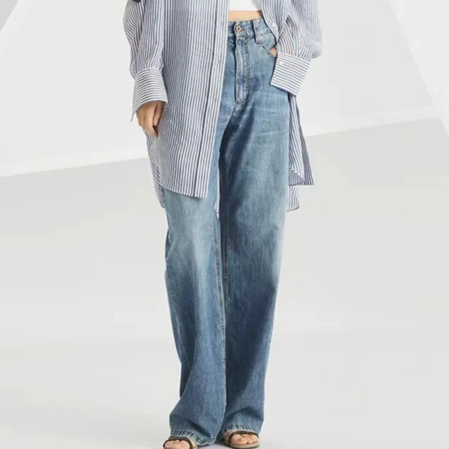 Maxdutti Minimalist Woman Clothes High Waisted Mid Blue Thin Pearl Chain Loose Straight Leg Denim Pants For Women's Denim Pants
Maxdutti Minimalist Woman Clothes High Waisted Mid Blue Thin Pearl Chain Loose Straight Leg Denim Pants For Women's Denim Pants