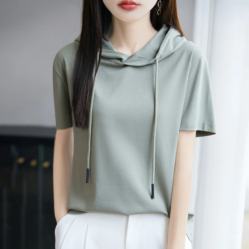 Summer Fashion 100% Cotton Hooded Short Sleeve T-shirt Ladies Mercerized Cotton Casual Solid Color Hooded Sweater
Summer Fashion 100% Cotton Hooded Short Sleeve T-shirt Ladies Mercerized Cotton Casual Solid Color Hooded Sweater
