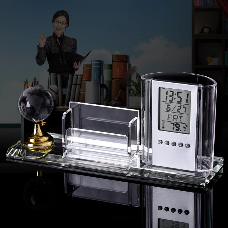 New Modern Crystal Glass Fantastic Pen Holder with Globe Calendar Clock Temperature Office Home Decoration Gift for Leader
New Modern Crystal Glass Fantastic Pen Holder with Globe Calendar Clock Temperature Office Home Decoration Gift for Leader