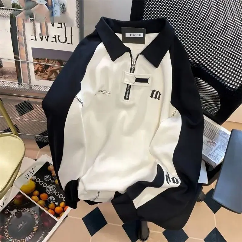 Women Hip Hop Black White Patchwork Fashion Tops Autumn Korean Retro College Style Half Zipper Polo Shirt Large Sweatshirt
Women Hip Hop Black White Patchwork Fashion Tops Autumn Korean Retro College Style Half Zipper Polo Shirt Large Sweatshirt