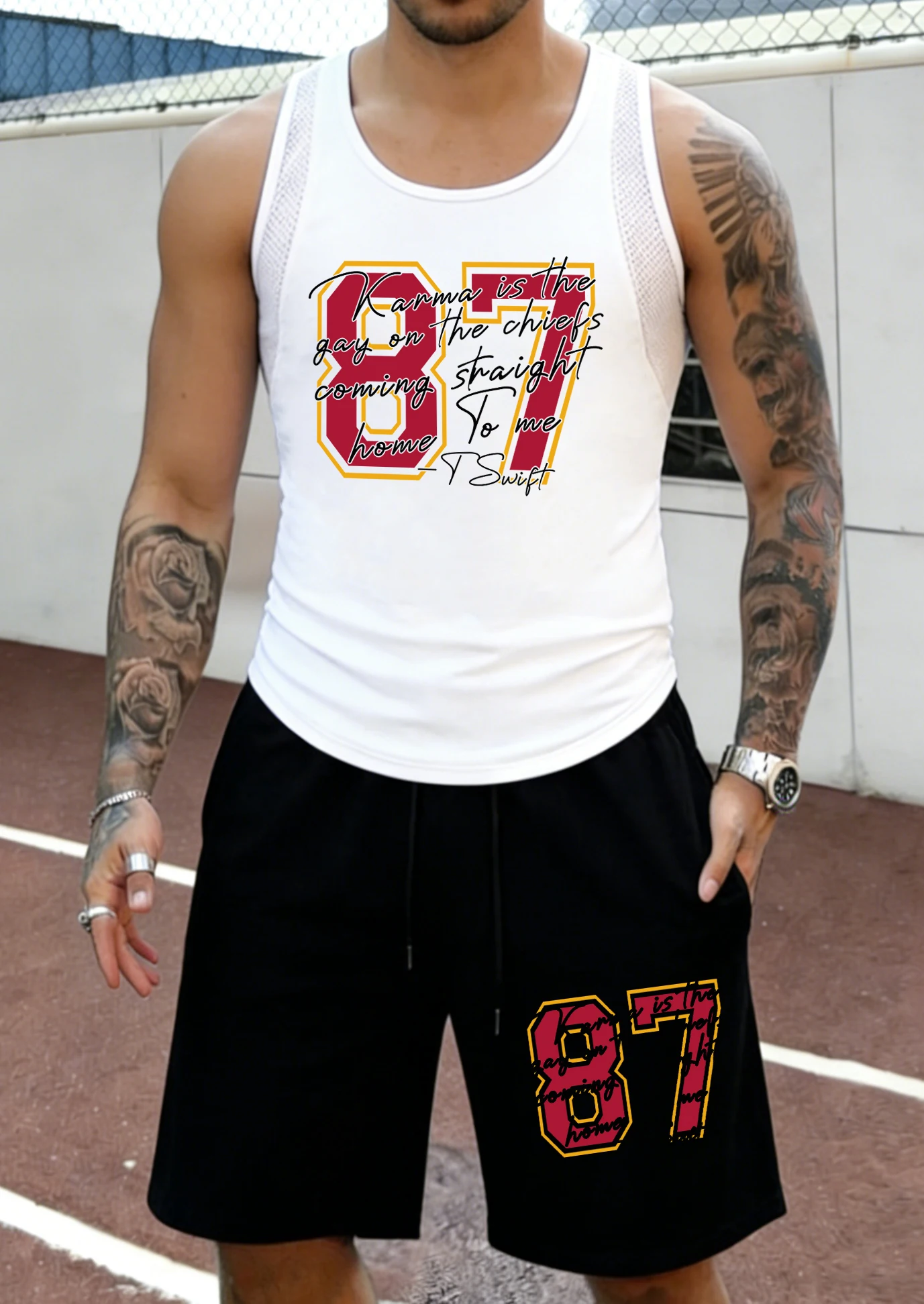 No.87 Karma Is The Guy On The Chiefs Print Mesh Summer Tank Top Jogging Swim Pants Set Men Quick Dry Simple Vest Basic Shorts
No.87 Karma Is The Guy On The Chiefs Print Mesh Summer Tank Top Jogging Swim Pants Set Men Quick Dry Simple Vest Basic Shorts