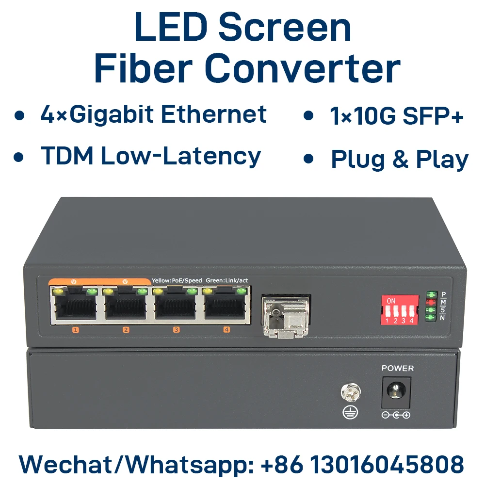 LED Display Fiber Media Converter, 4-Port Gigabit Ethernet, 10/100/1000Mbps RJ45 + 10G SFP+, Physically Isolated, Long Distance
LED Display Fiber Media Converter, 4-Port Gigabit Ethernet, 10/100/1000Mbps RJ45 + 10G SFP+, Physically Isolated, Long Distance